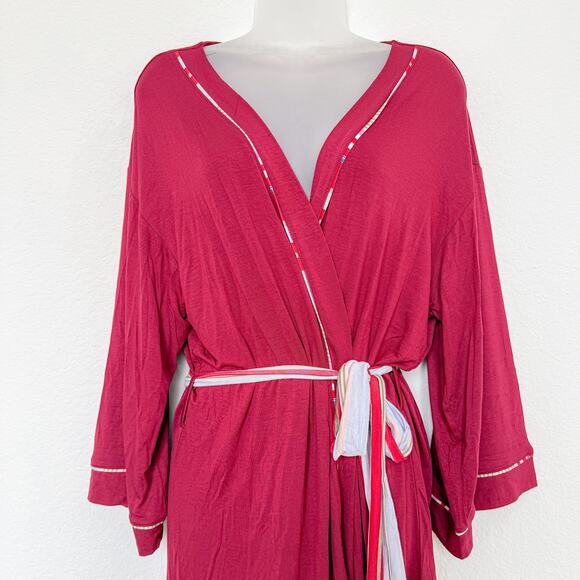 Hale Bob Womens Robe Size Large Red Bamboo Stretch Lounge Belted Kimono‎ Style - Picture 2 of 10